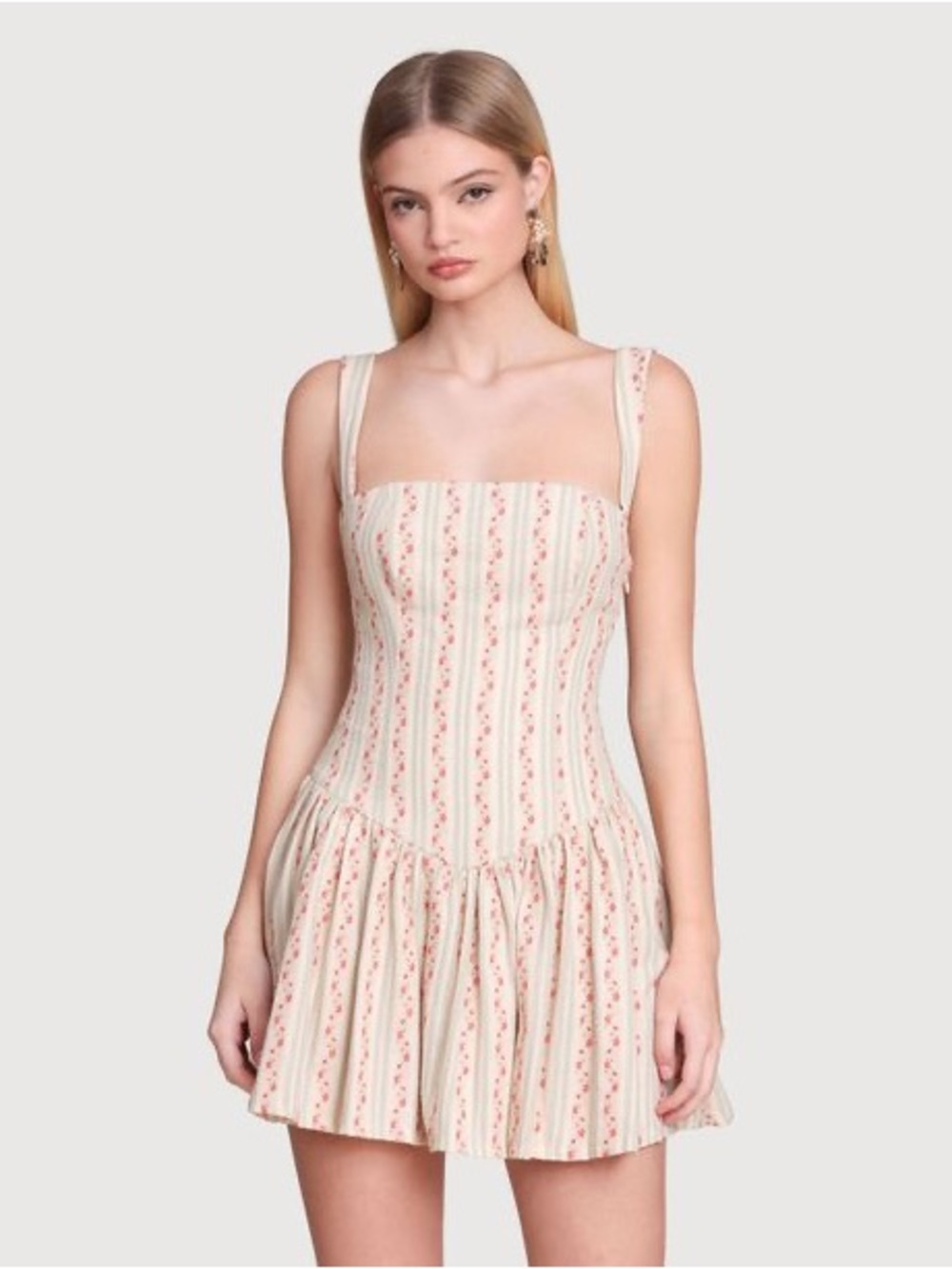 Avec Les Filles Cream Mini Dress with Pink Floral Stripes